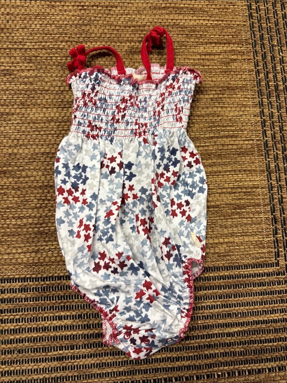Red & Blue Star Print Smocked Baby Romper